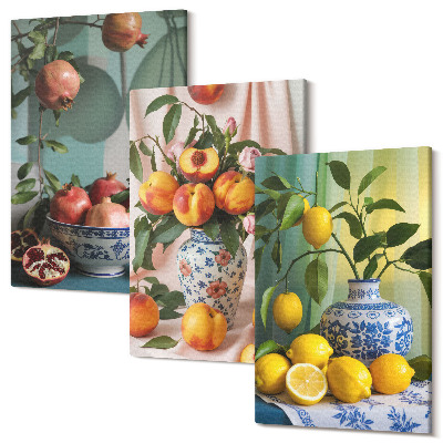Tablou canvas set triptic Rodii, piersici și lămâi în vaze