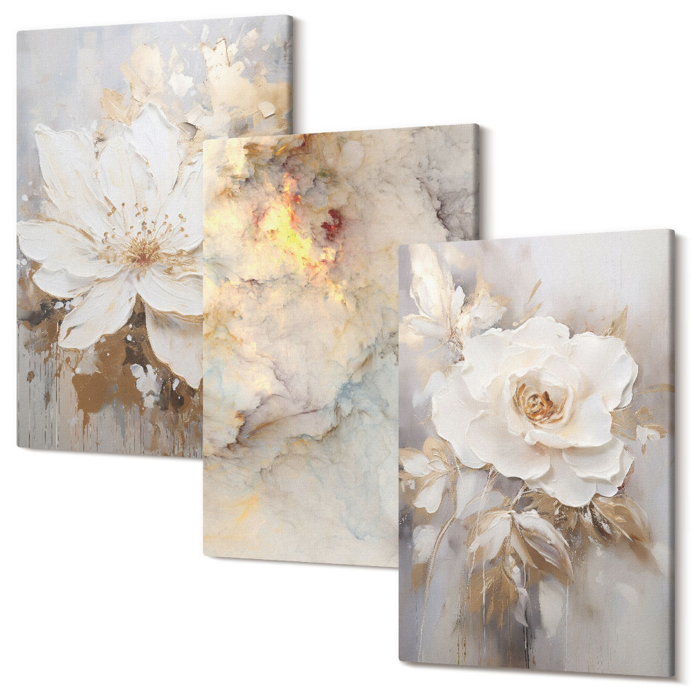 Tablou 3 piese Flori pe un fundal deschis cu modele abstracte