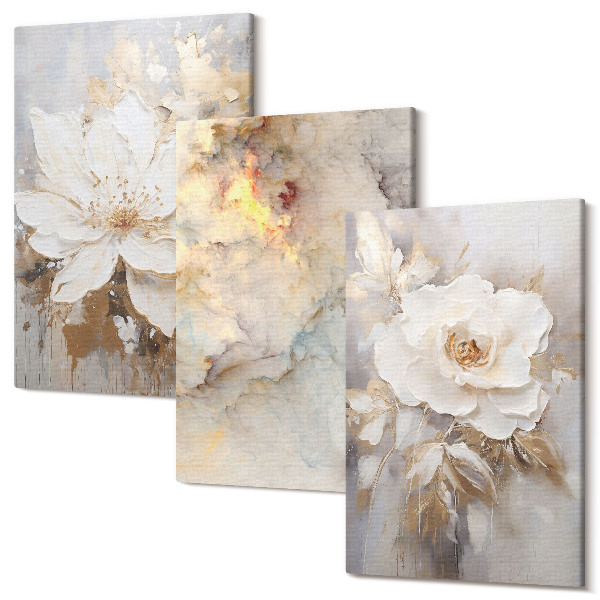 Tablou 3 piese Flori pe un fundal deschis cu modele abstracte