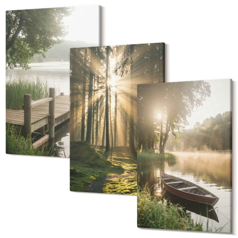 Set tablouri canvas triptic Un lac calm, o pădure și o barcă în ceața dimineții