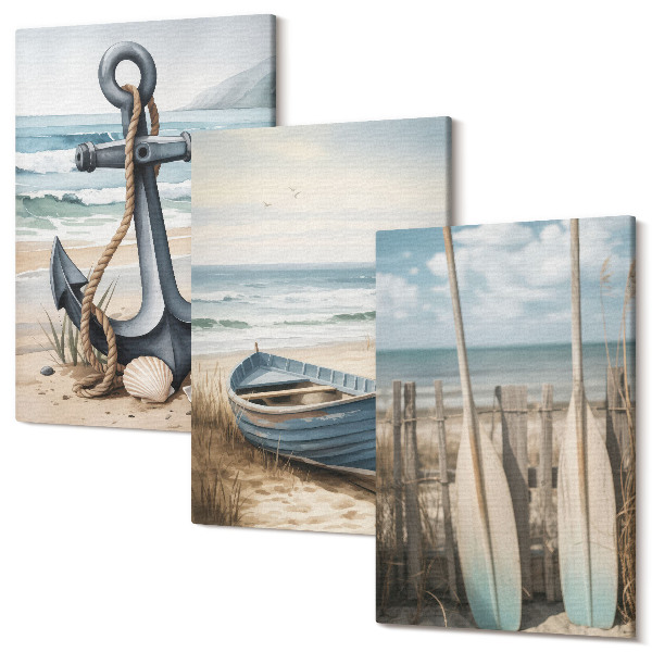 Tablou 3 piese Ancoră și vâsle pe plaja cu mare