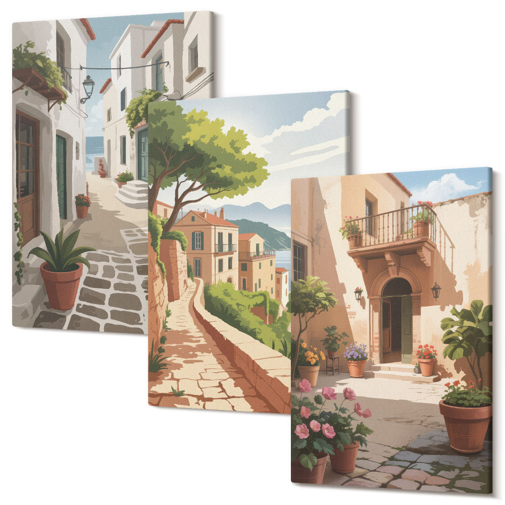 Tablou canvas set triptic Străzi pitorești cu case și plante în ghiveci