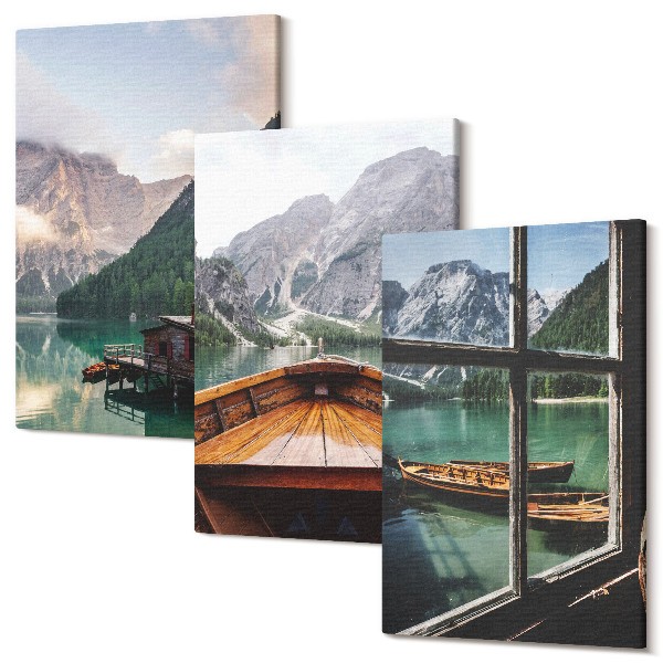 Tablou 3 piese Lac de munte cu o barcă și case de lemn