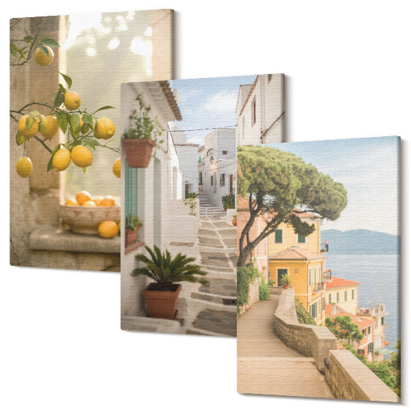 Tablou canvas set triptic Vedere la arborele de citrice de la fereastră și arhitectura de pe litoral