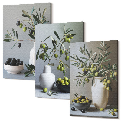 Set tablouri canvas triptic Măsline în vaze pe un fundal de culori atenuate