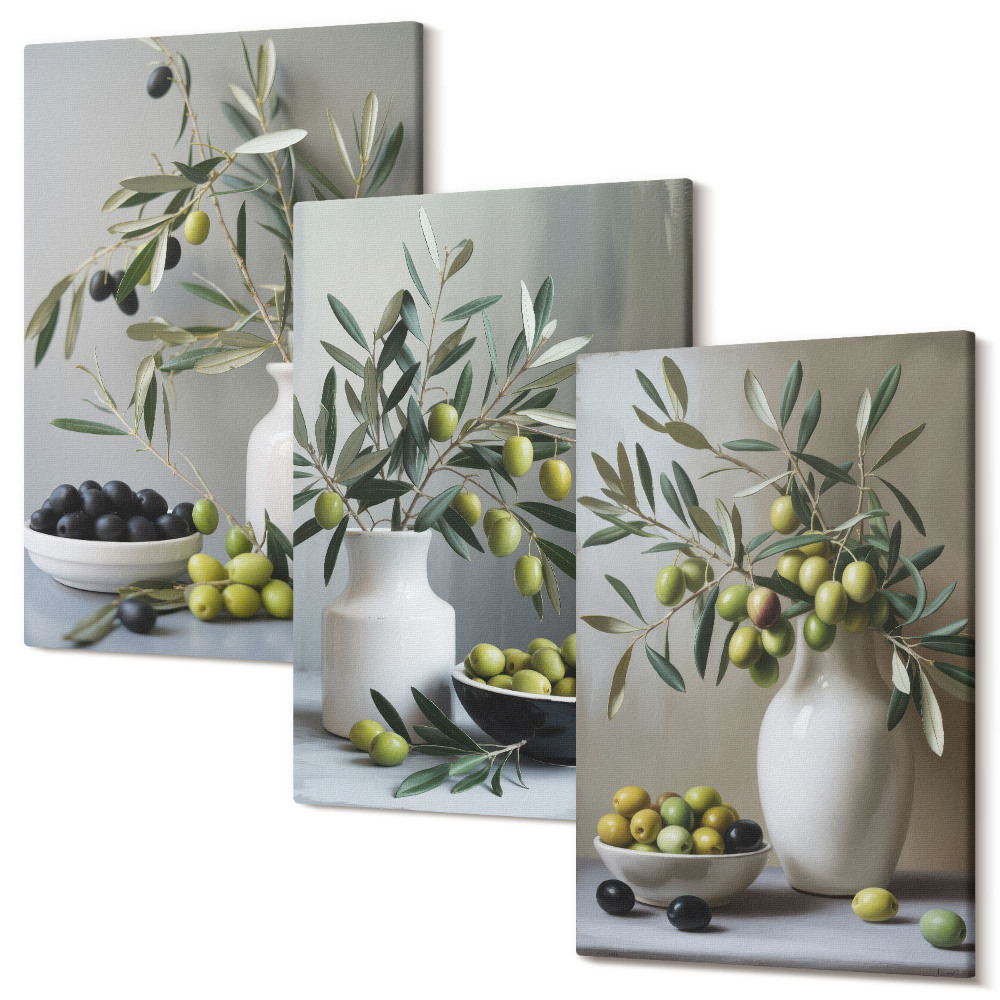 Tablou canvas set triptic Măsline în vaze cu ramuri pe fond gri