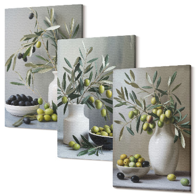 Tablou canvas set triptic Măsline în vaze cu ramuri pe fond gri