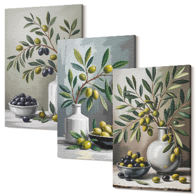 Tablou 3 piese Măsline în vase ceramice pe fond gri