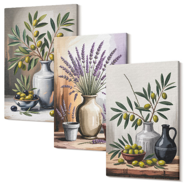 Set tablouri canvas triptic Flori și măsline în vaze pe un fundal deschis