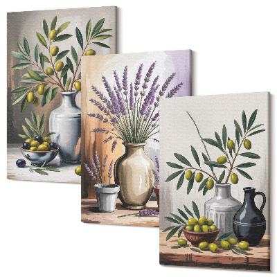 Set tablouri canvas triptic Flori și măsline în vaze pe un fundal deschis