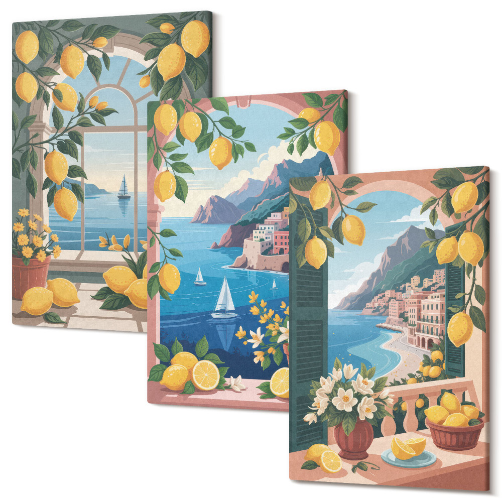 Tablou canvas set triptic Fereastră cu vedere la mare cu lămâi italiene