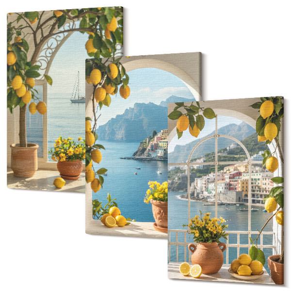Set tablouri canvas triptic Orașul de pe litoral lămâi și flori în ghivece