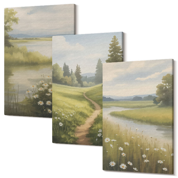 Tablou canvas set triptic Peisaj de primăvară cu un râu, potecă și pajiște cu flori