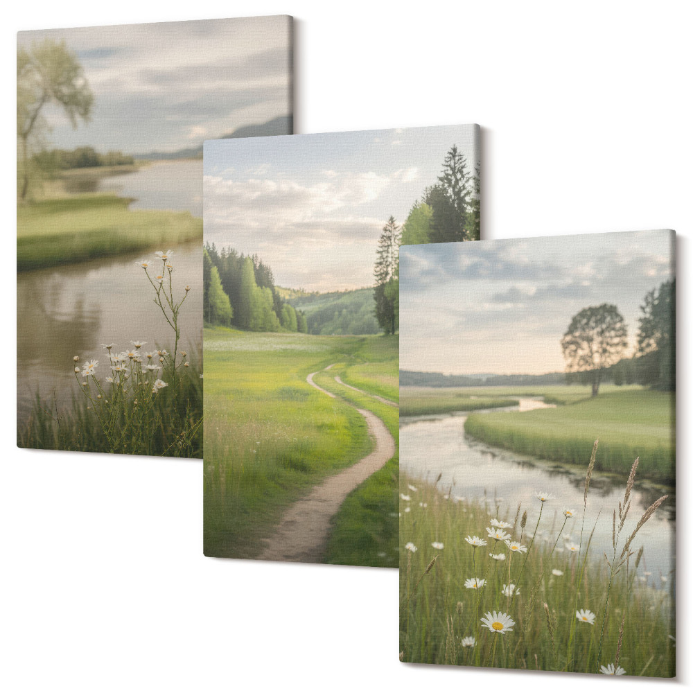 Tablou 3 piese Peisaje de vară liniștite cu un râu și o pajiște cu flori