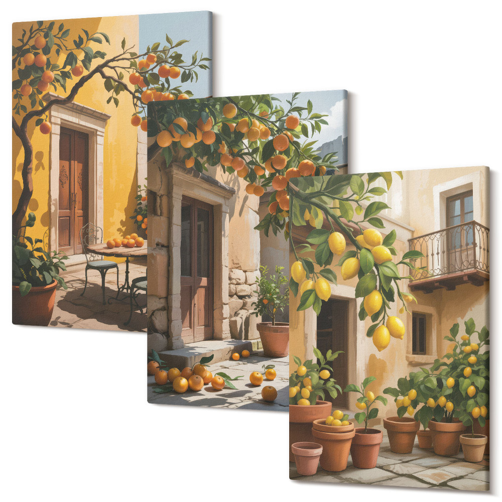 Tablou canvas set triptic Citrice într-o curte însorită cu plante