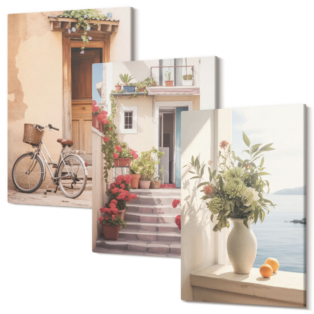 Tablou 3 piese Străzi fermecătoare de pe litoral, cu flori și biciclete