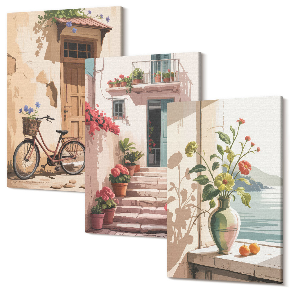 Set tablouri canvas triptic Străzi pictate cu flori și o bicicletă