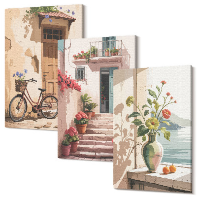 Set tablouri canvas triptic Străzi pictate cu flori și o bicicletă