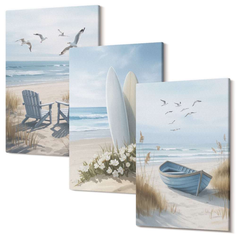 Tablou canvas set triptic Plajă cu plăci de surf, bărci și păsări
