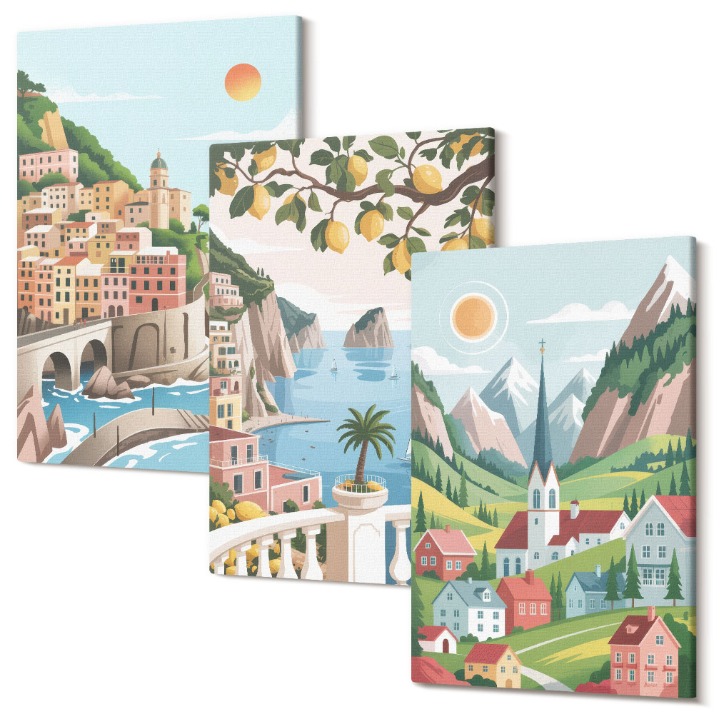 Tablou canvas set triptic Peisaje pitorești cu mare și citrice