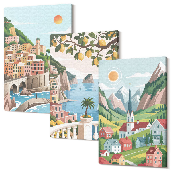 Tablou canvas set triptic Peisaje pitorești cu mare și citrice