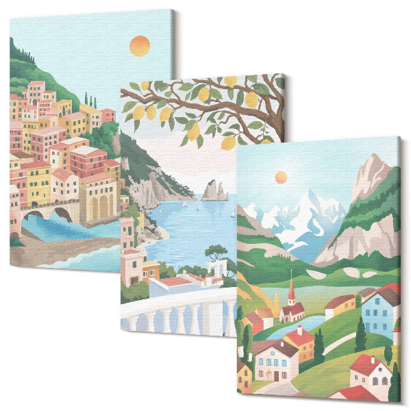 Tablou 3 piese Vedere la malul mării cu case în culori pastelate