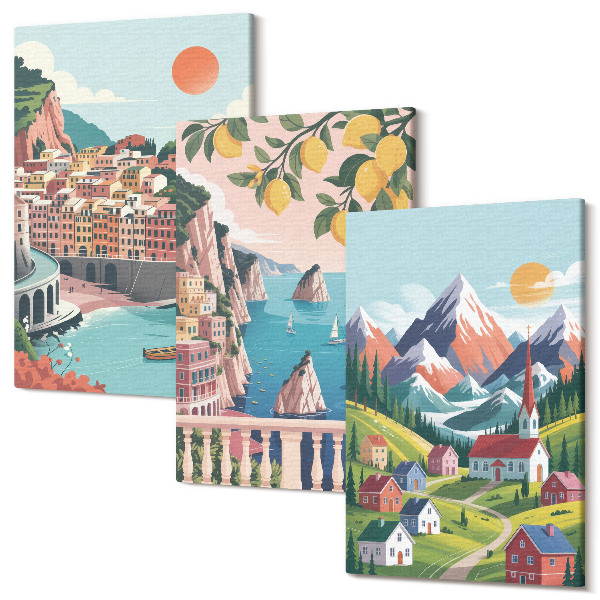 Set tablouri canvas triptic Peisaje montane colorate și orașe de pe litoral