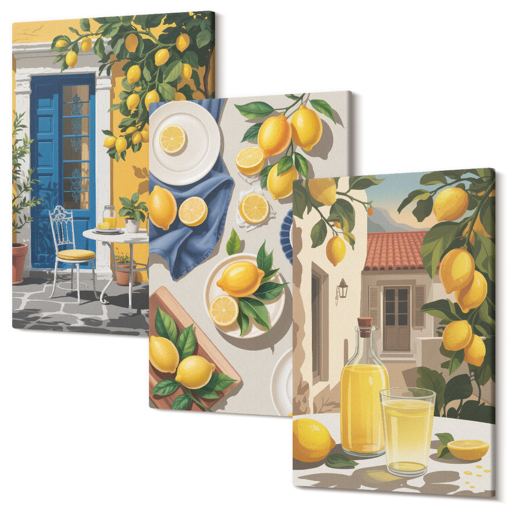 Set tablouri canvas triptic Grădină de lămâi cu lămâi și băuturi pe masă