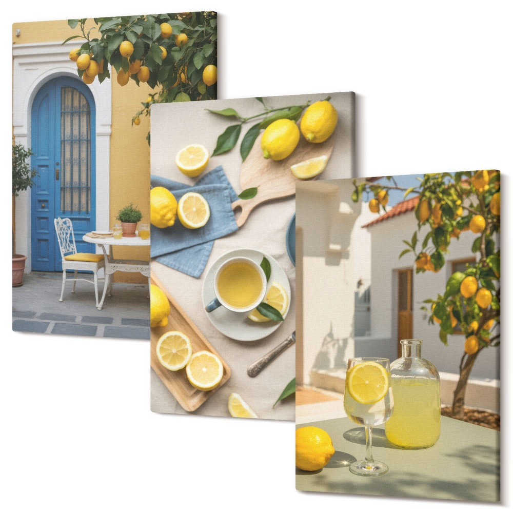 Tablou canvas set triptic Lămâi limonadă uși albastre vederi de vară
