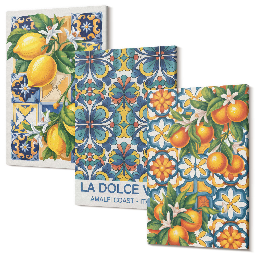 Tablou canvas set triptic Flori de lămâie și portocal în modele colorate