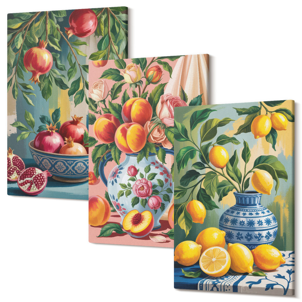 Set tablouri canvas triptic Compoziții de fructe cu rodii, lămâi și piersici