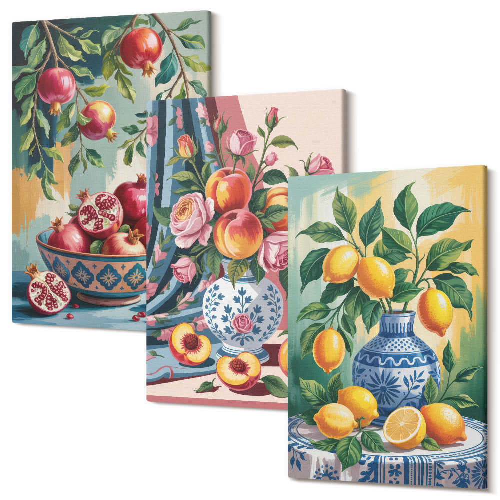 Tablou 3 piese Flori și fructe pictate în vaze