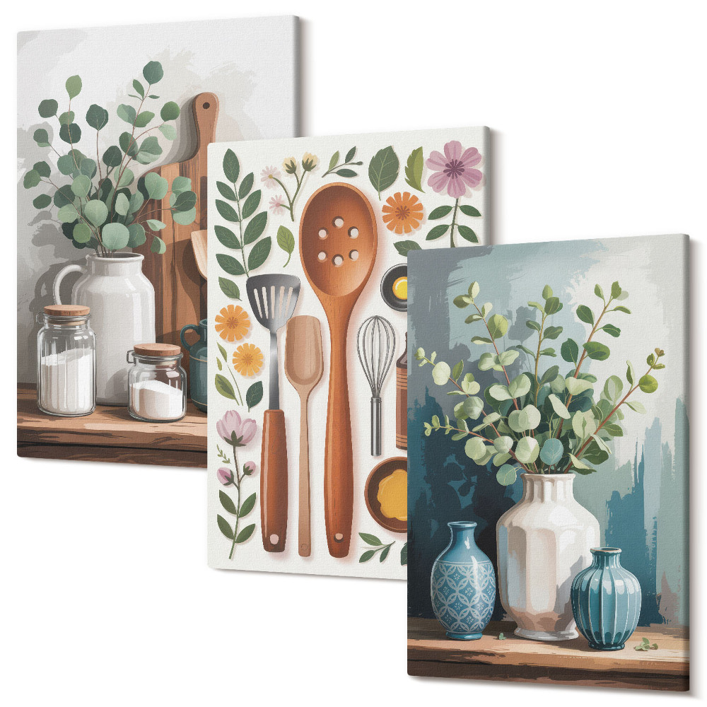 Set tablouri canvas triptic Accesorii de bucatarie cu plante in stil modern