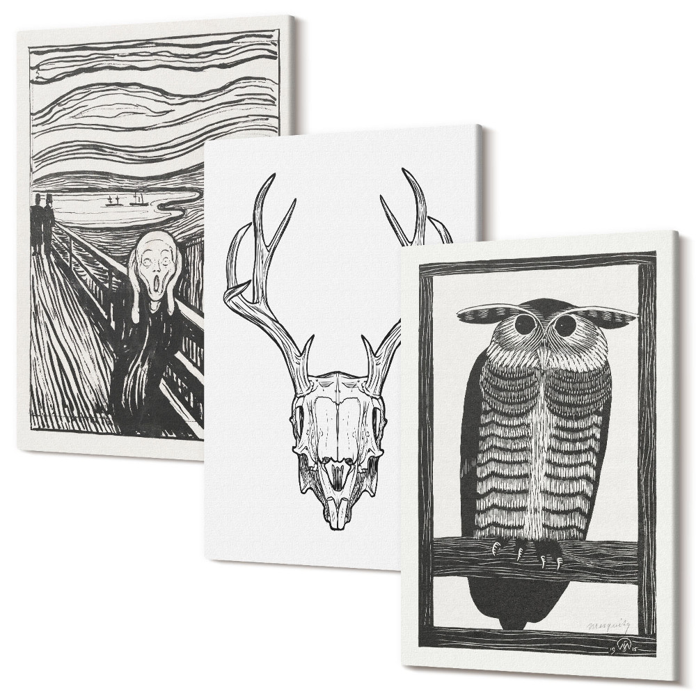 Tablou canvas set triptic Inspirat din imaginea Scream cu un craniu și o bufniță într-un stil grafic