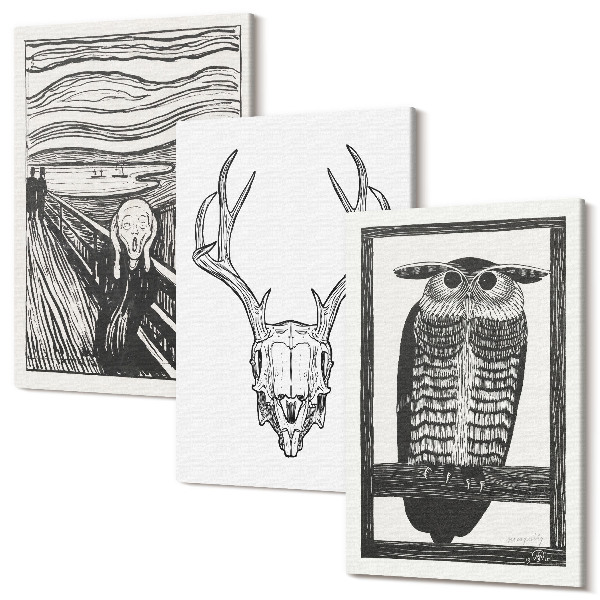 Tablou canvas set triptic Inspirat din imaginea Scream cu un craniu și o bufniță într-un stil grafic