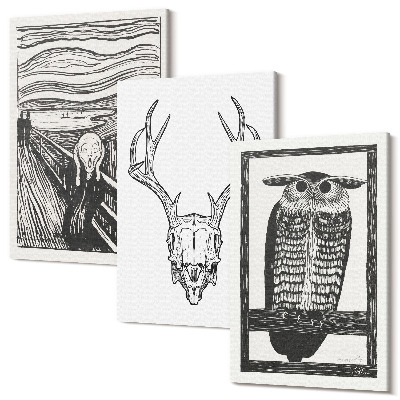 Tablou canvas set triptic Inspirat din imaginea Scream cu un craniu și o bufniță într-un stil grafic