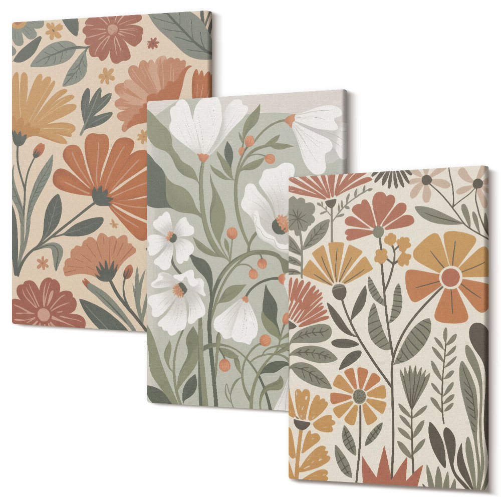 Tablou 3 piese Modele florale în nuanțe de portocaliu și verde