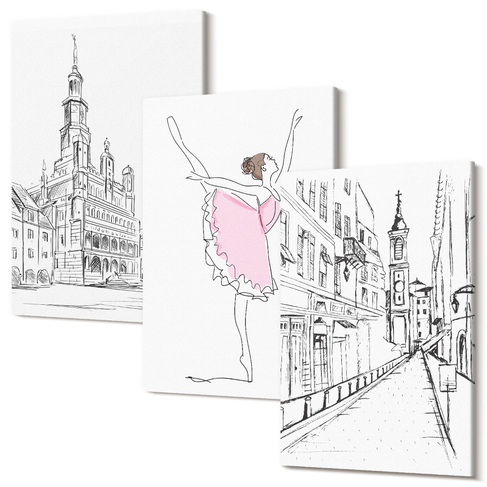 Set tablouri canvas triptic Imagini elegante ale balerinelor și arhitecturii care dansează