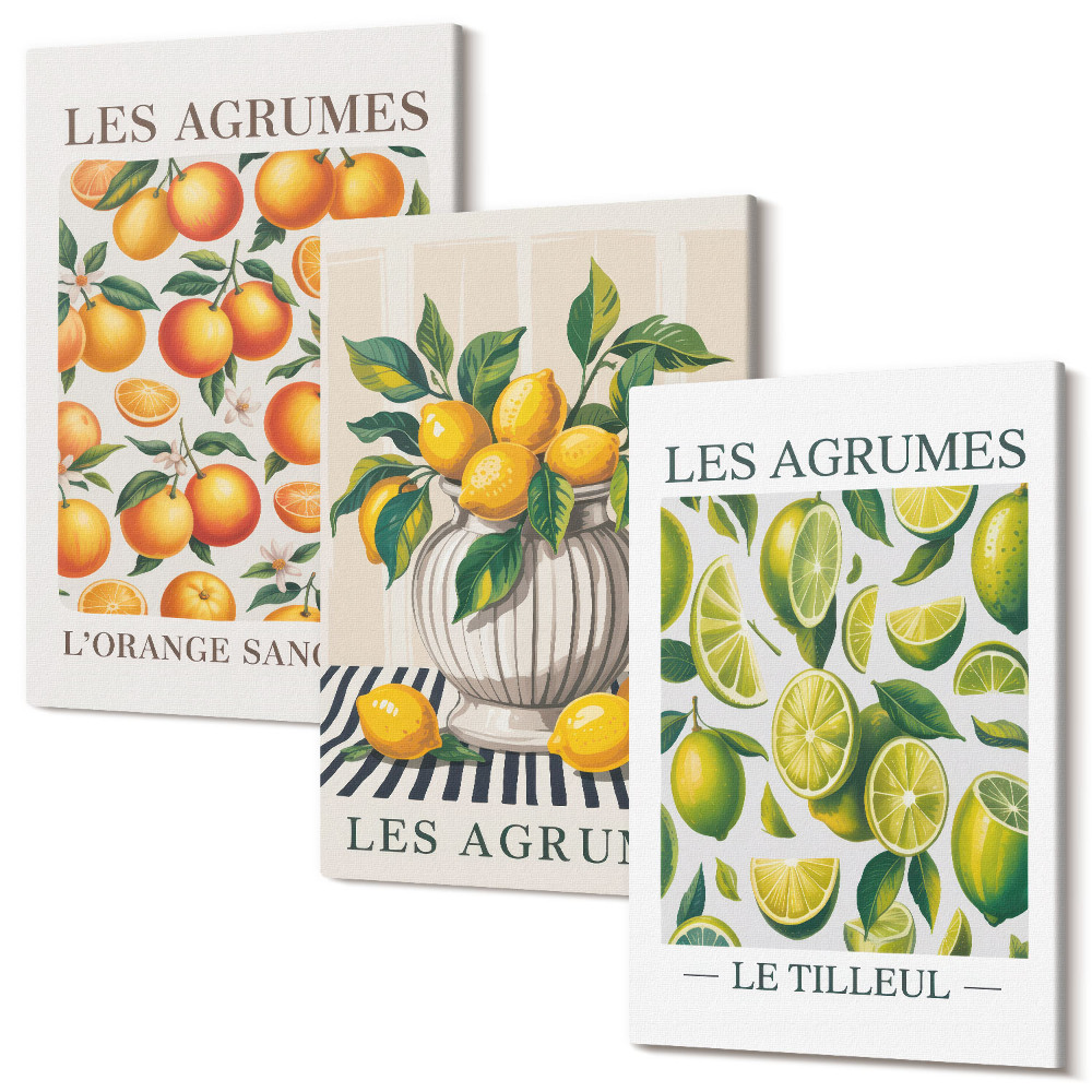 Tablou canvas set triptic Citrice în diverse versiuni colorate și proaspete