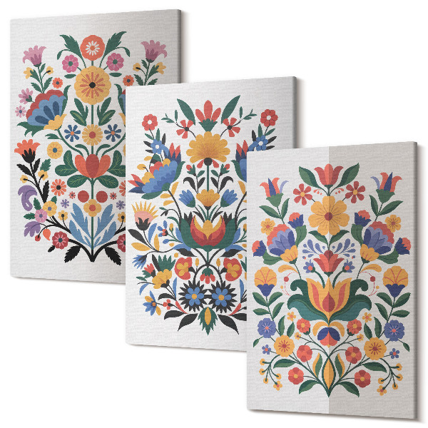 Set tablouri canvas triptic Modele florale în culori intense pe fundal alb