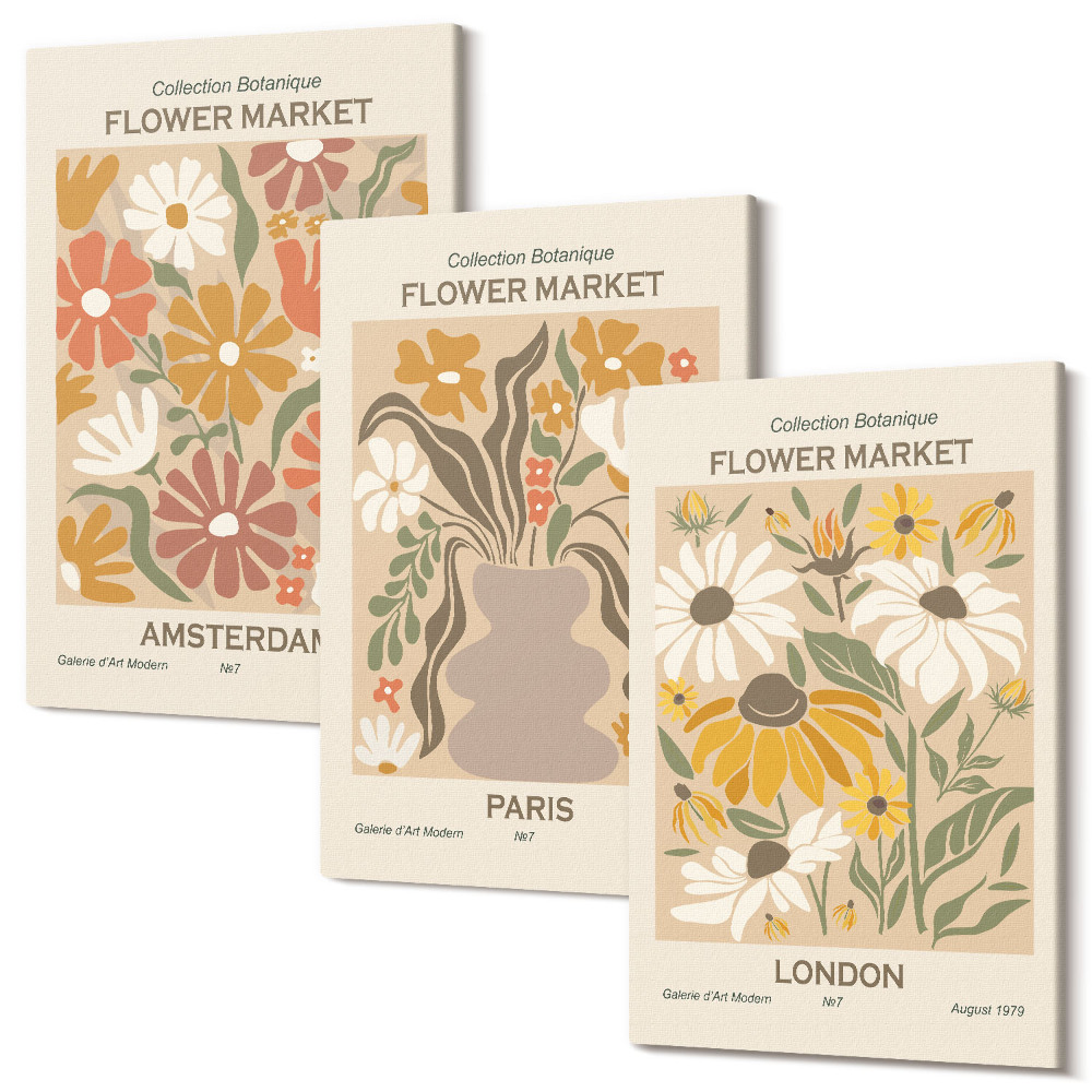 Set tablouri canvas triptic Modele florale din Amsterdam, Paris și Londra