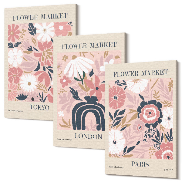 Tablou canvas set triptic Motive florale în Tokyo, Londra și Paris