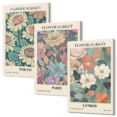 Set tablouri canvas triptic Postere cu flori Tokyo Paris Londra