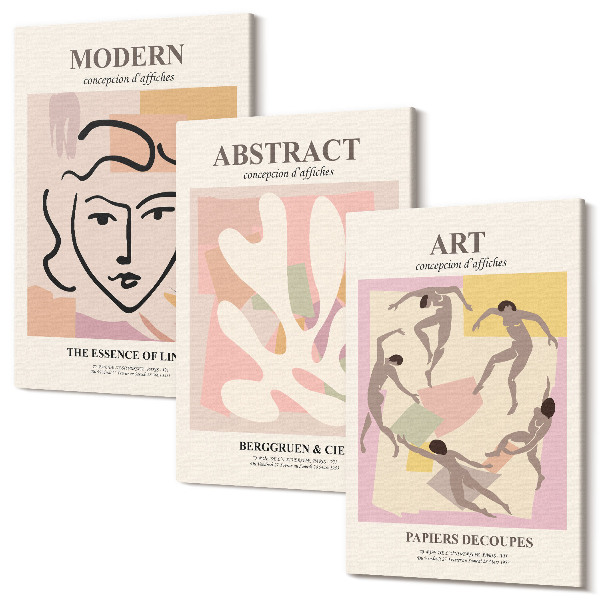 Tablou 3 piese Portrete elegante și forme abstracte în culori pastelate