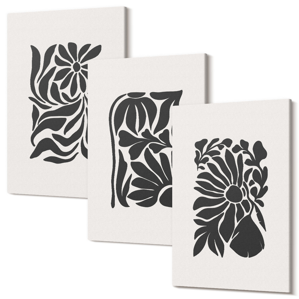 Set tablouri canvas triptic Modele abstracte de plante în nuanțe de negru