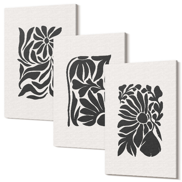 Set tablouri canvas triptic Modele abstracte de plante în nuanțe de negru