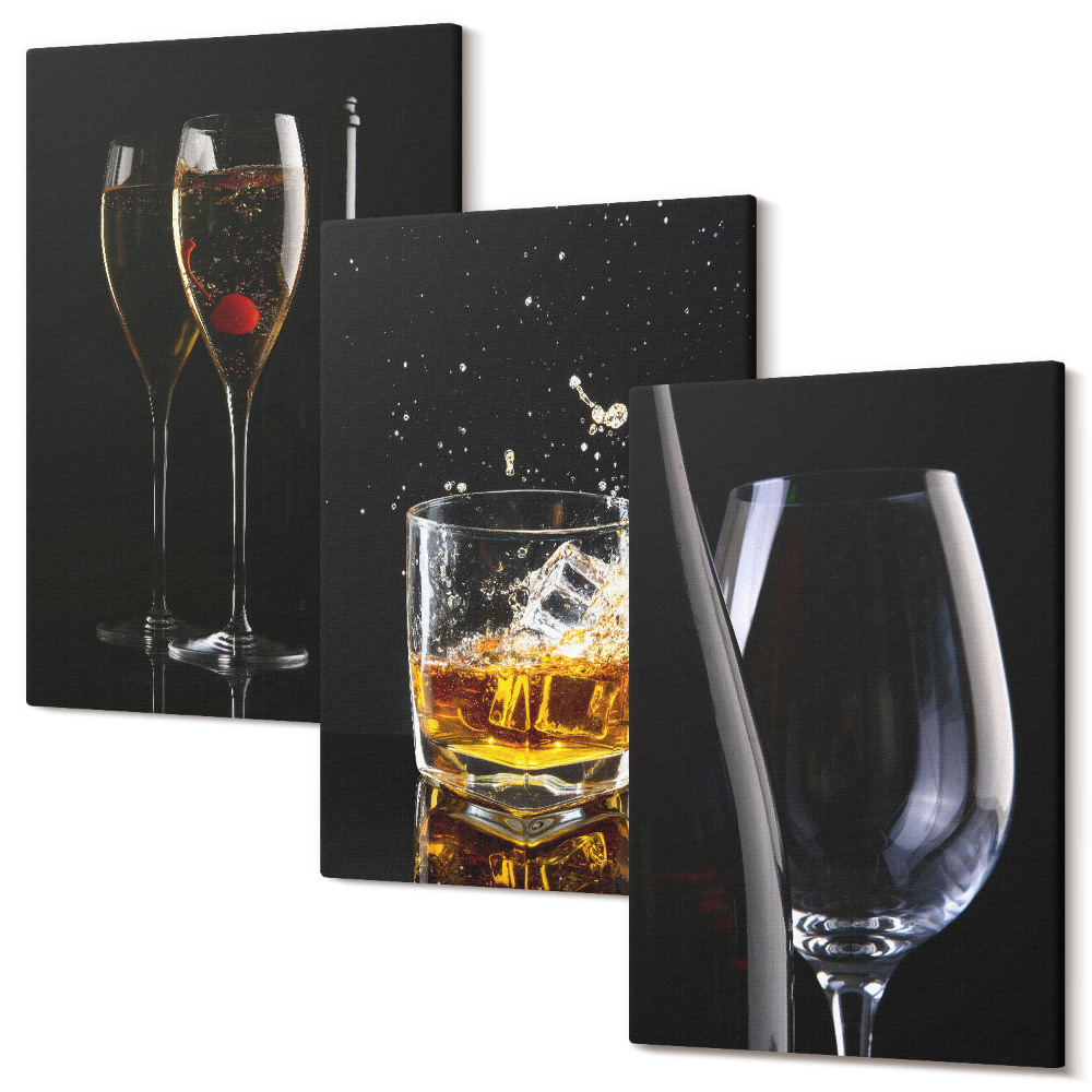Set tablouri canvas triptic Pahare de vin și whisky pe un fundal negru