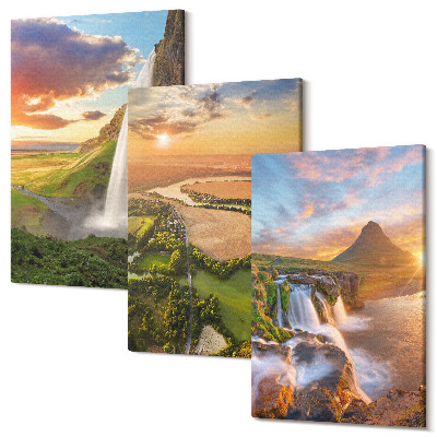 Tablou 3 piese Cascade, peisaje montane și râuri la apus