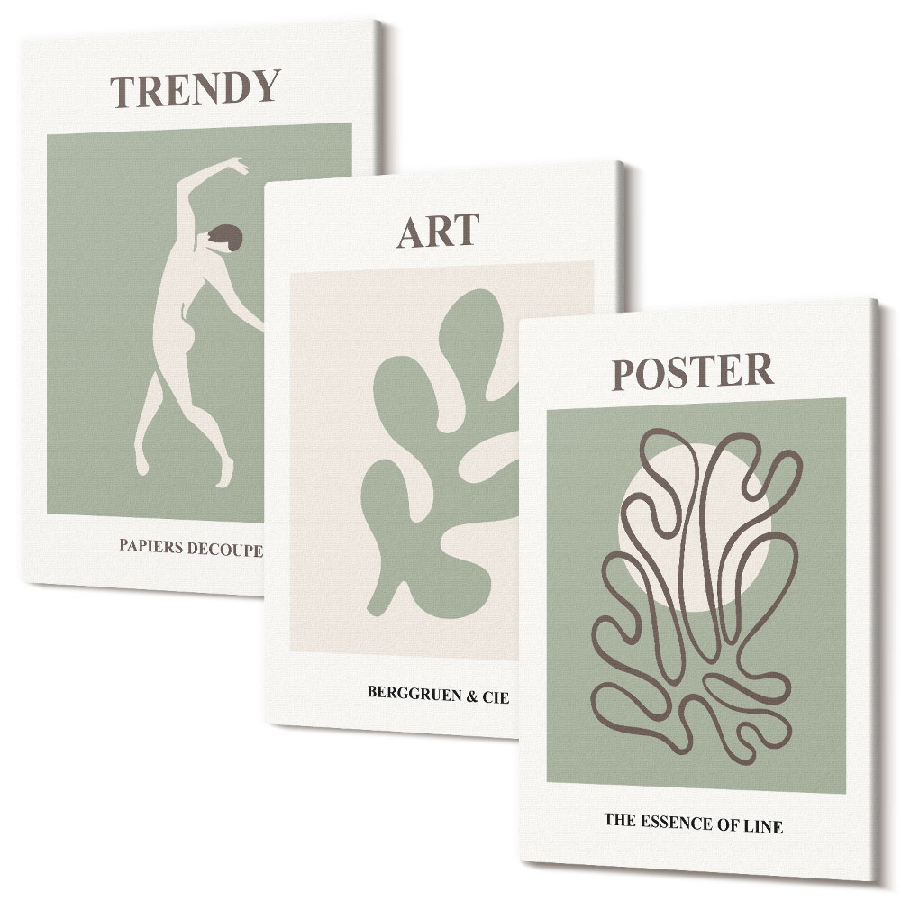 Set tablouri canvas triptic Figuri abstracte și motive vegetale în culori discrete