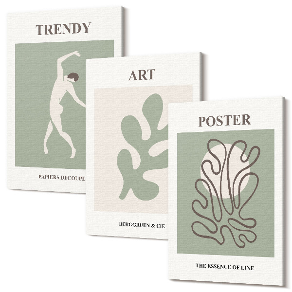 Set tablouri canvas triptic Figuri abstracte și motive vegetale în culori discrete